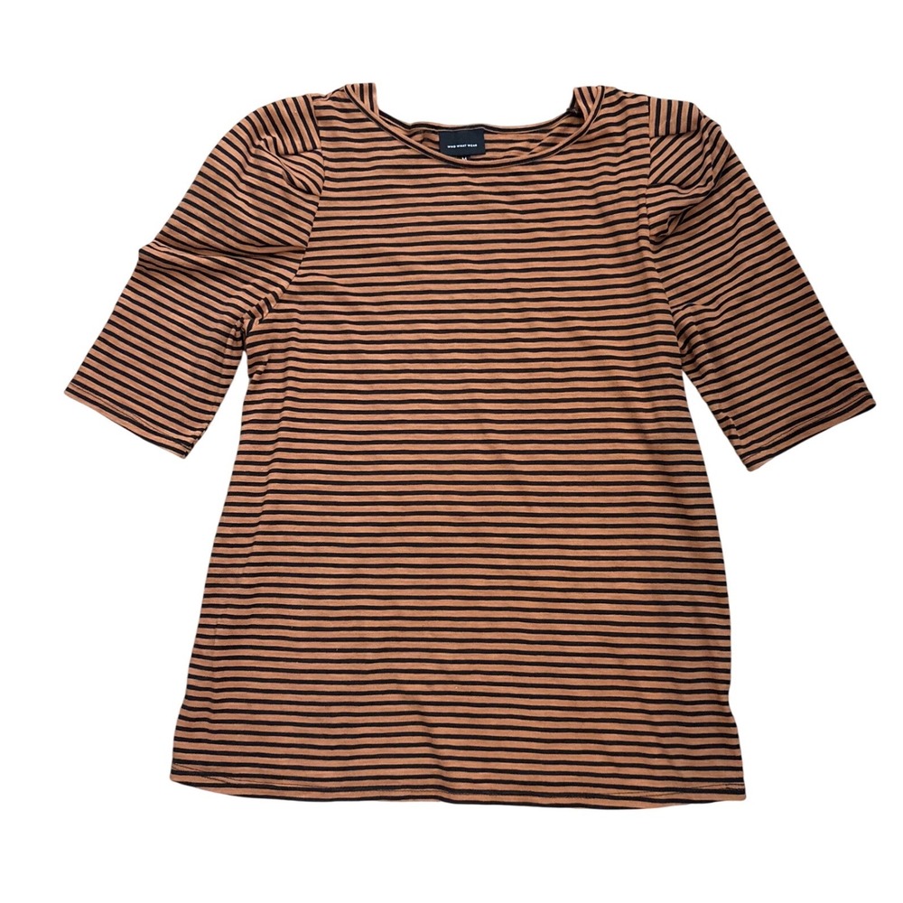 Who What Wear Womens Brown Black Striped Puff Sleeve Crew Neck Tee Shirt Size M